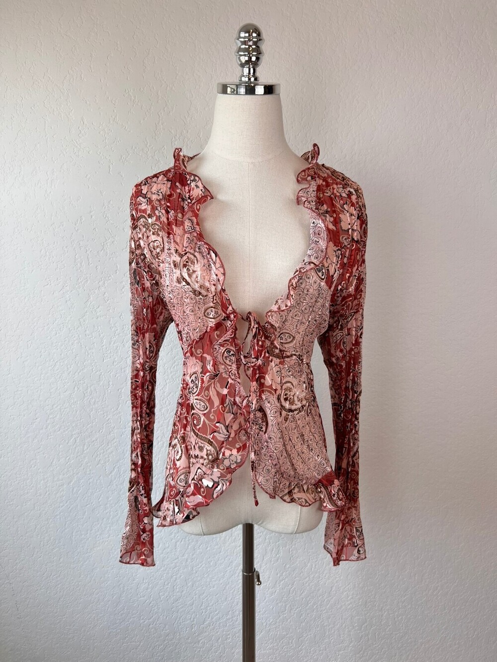 Vintage Y2K Whimsigoth Tie Top Long Sleeve Ruffles Floral Paisley Sheer size L
